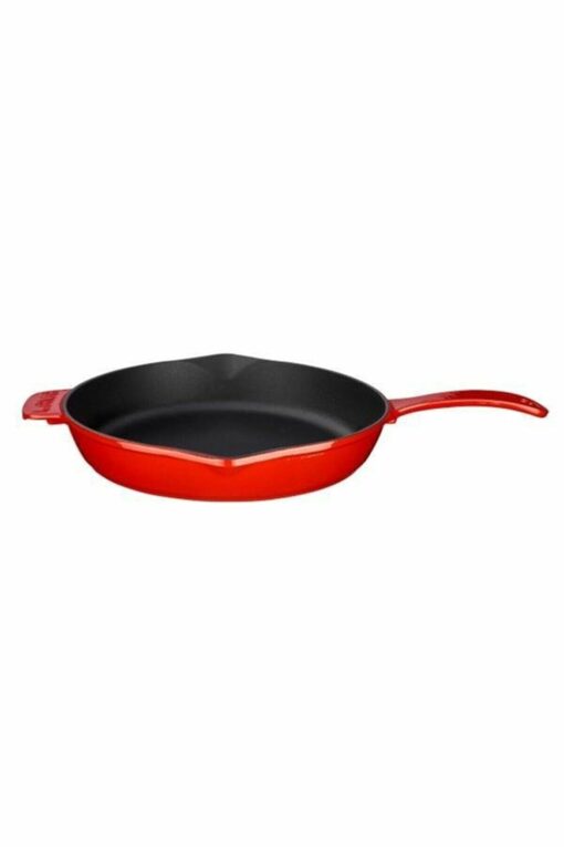 Metal Handled, Cast Iron Frying Pan, Red, 28 cm