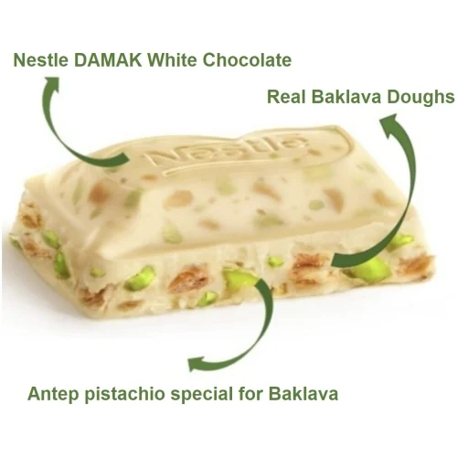 Damak Baklava White Chocolate Bar with Pistachio, 2.2oz - 60g